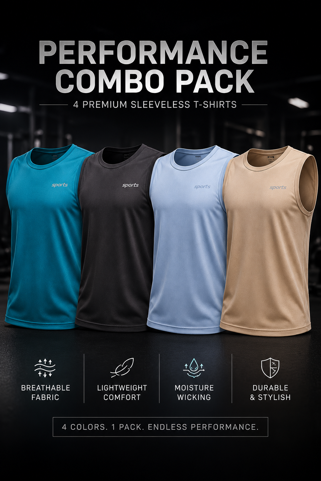 mens sleeveless t-shirt 4 Performance Combo Pack