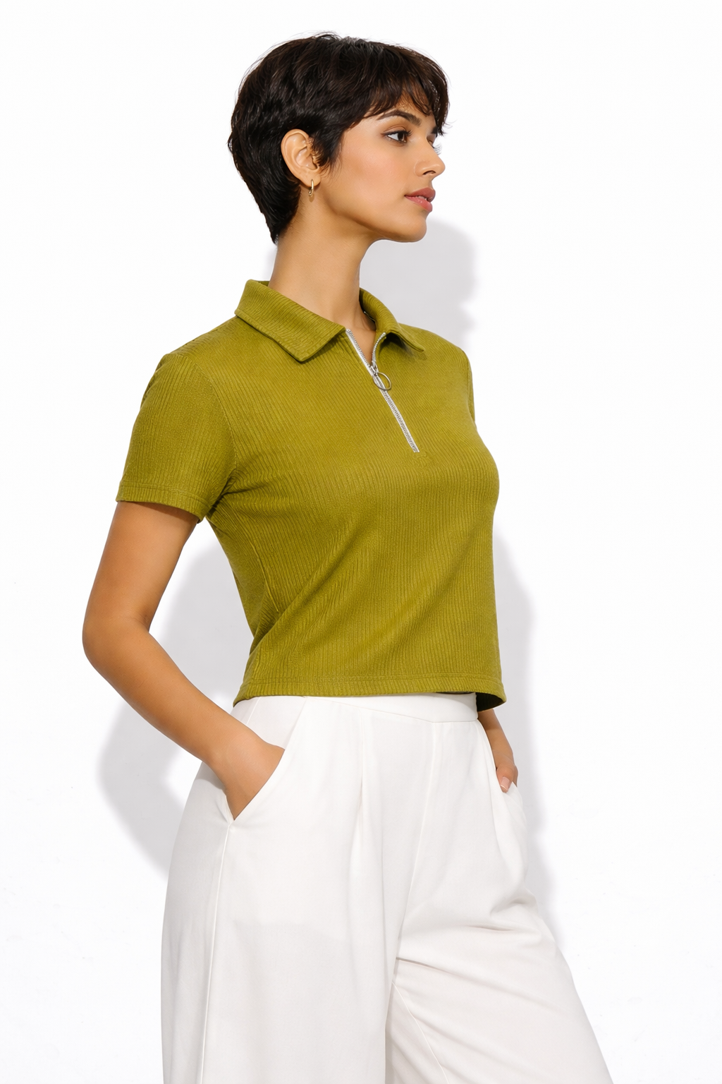 Women solid zipper crop  top