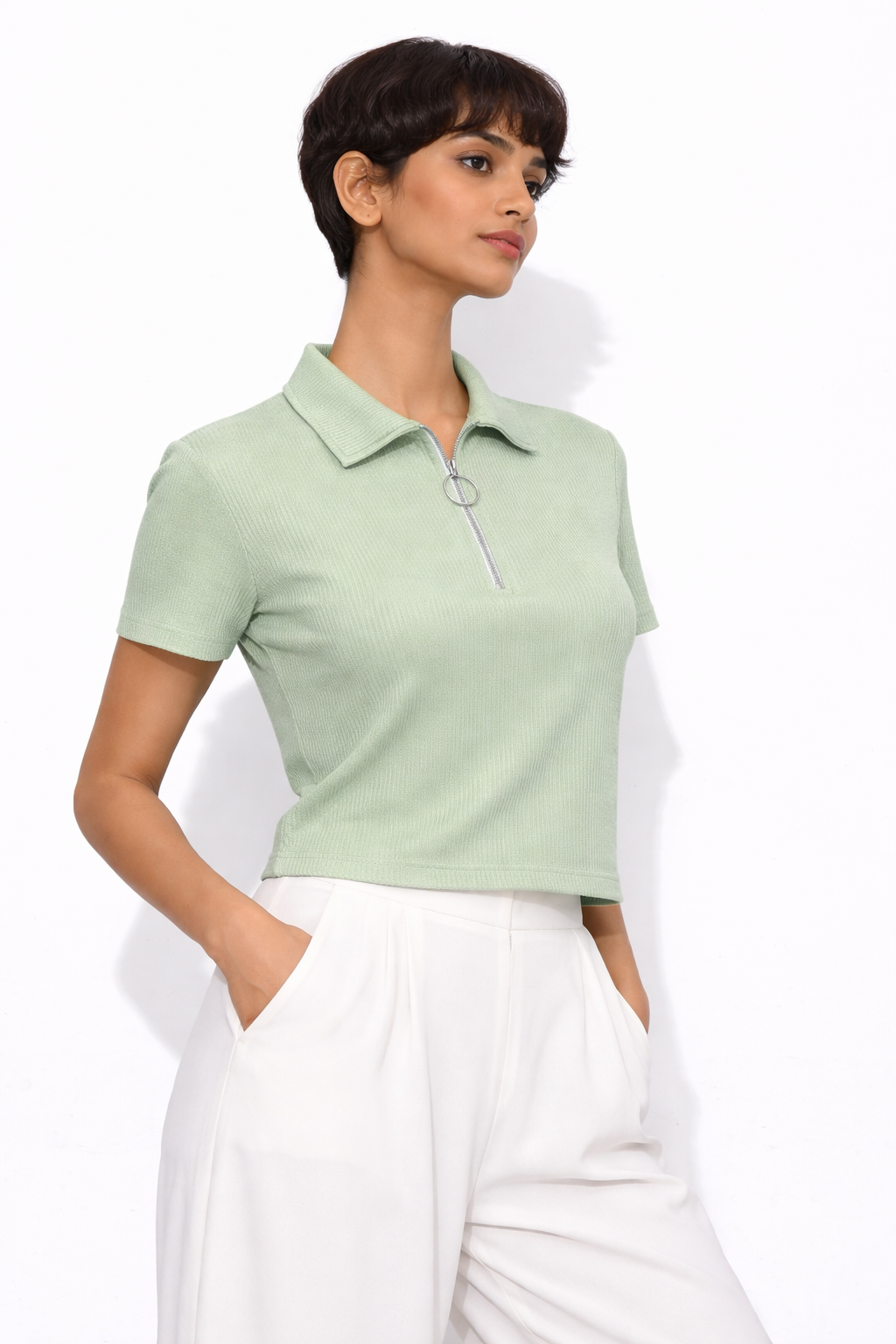 Women solid zipper crop  top